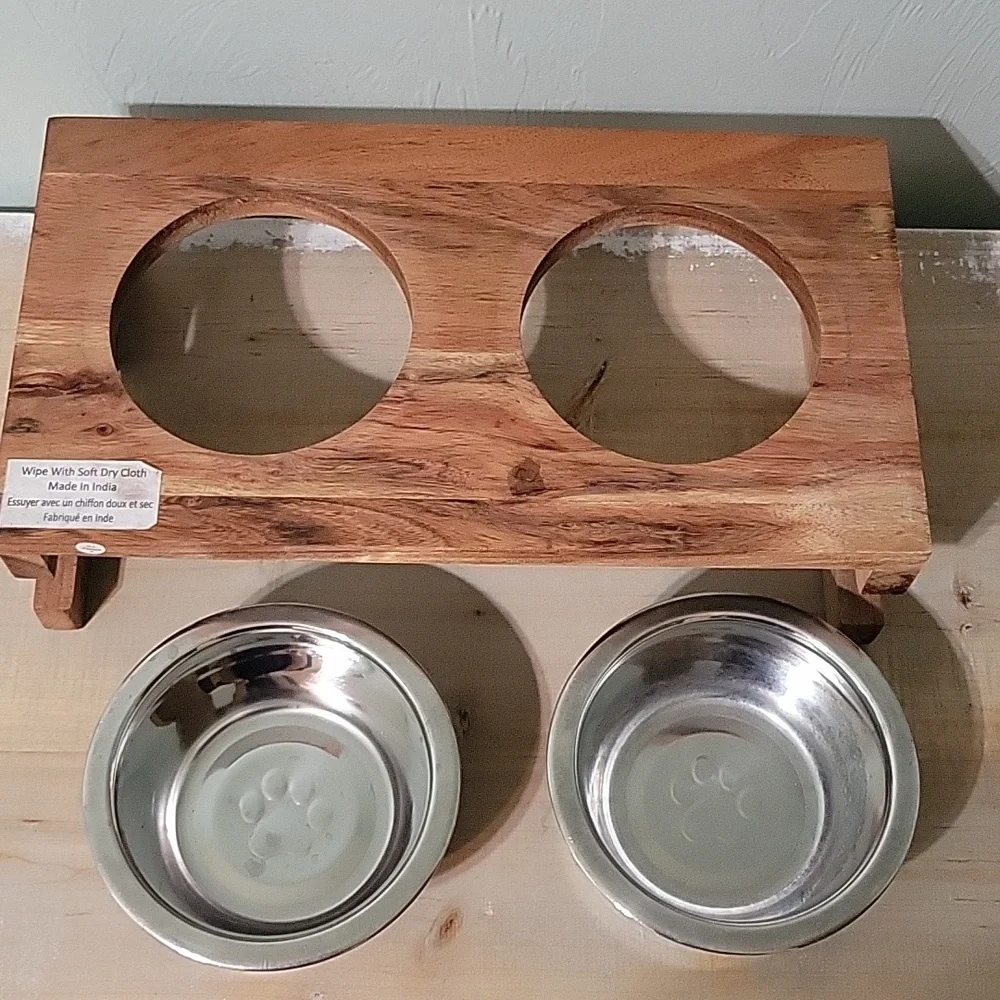 Small Wooden Elevated Pet Feeder with Stainless Steel Bowls